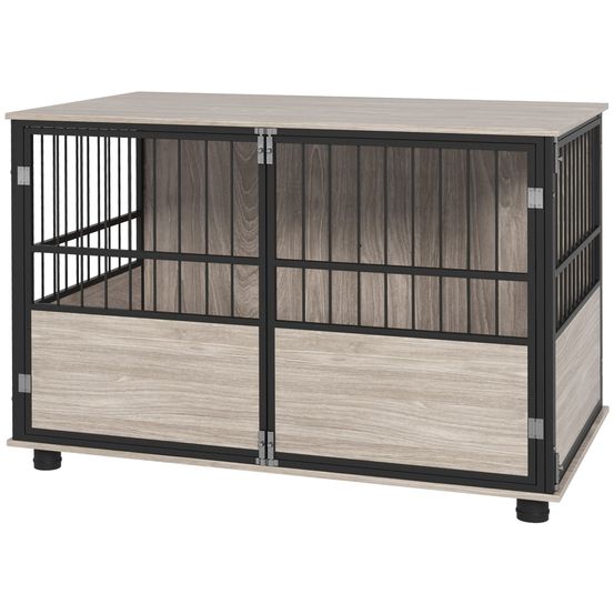 Cage intérieur acier bois grand chien meuble 3 portes verrouillables 100x60x68cm marron