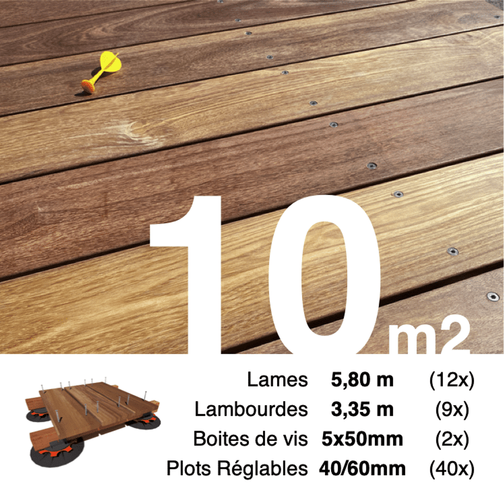 Kit complet terrasse bois exotique cumaru pour 10 m², lames 5,8 m, lambourdes 3,35 m, plots réglables et visserie inox.