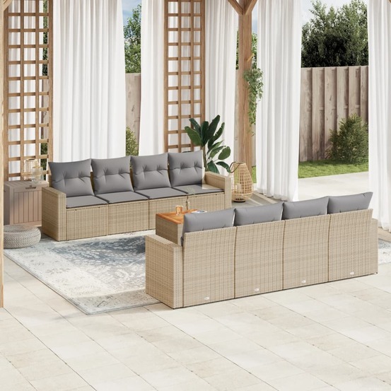 Salon de jardin avec coussins 9 pcs beige résine tressée
