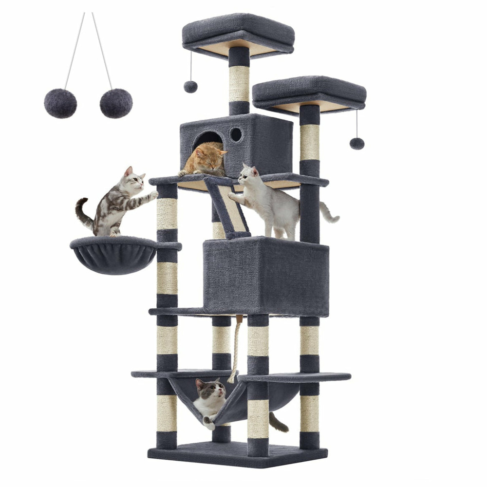 Arbre à chat grande tour de jeux hauteur 168 cm avec 13 griffoirs 1 planche à griffer 2 plate-forme 2 niches panier hamac pom