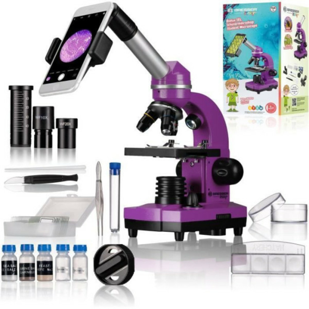 Microscope étudiant biolux sel - bresser junior - grossissement 40x-1600x - kit d'expérimentation - violet