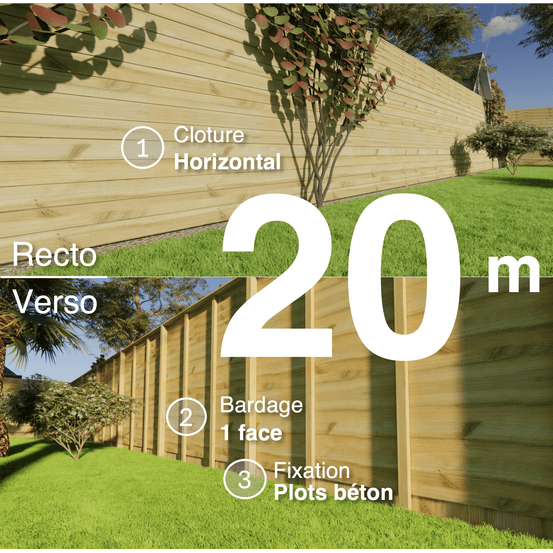 Kit clôture bois moderne 20m – h 2,3m – 21 x 130 mm autoclave vert – pose horizontal – simple face – à sceller
