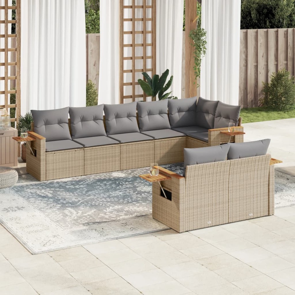 Salon de jardin avec coussins 8 pcs beige résine tressée