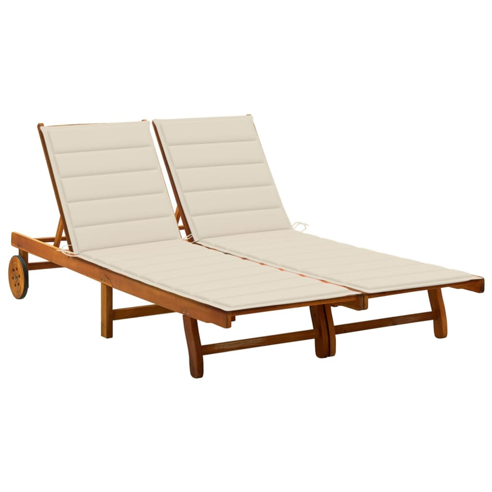 Chaise longue de jardin 2 places avec coussins acacia solide bain de soleil