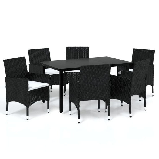 Ensemble à manger de jardin coussins 7pcs résine tressée noir