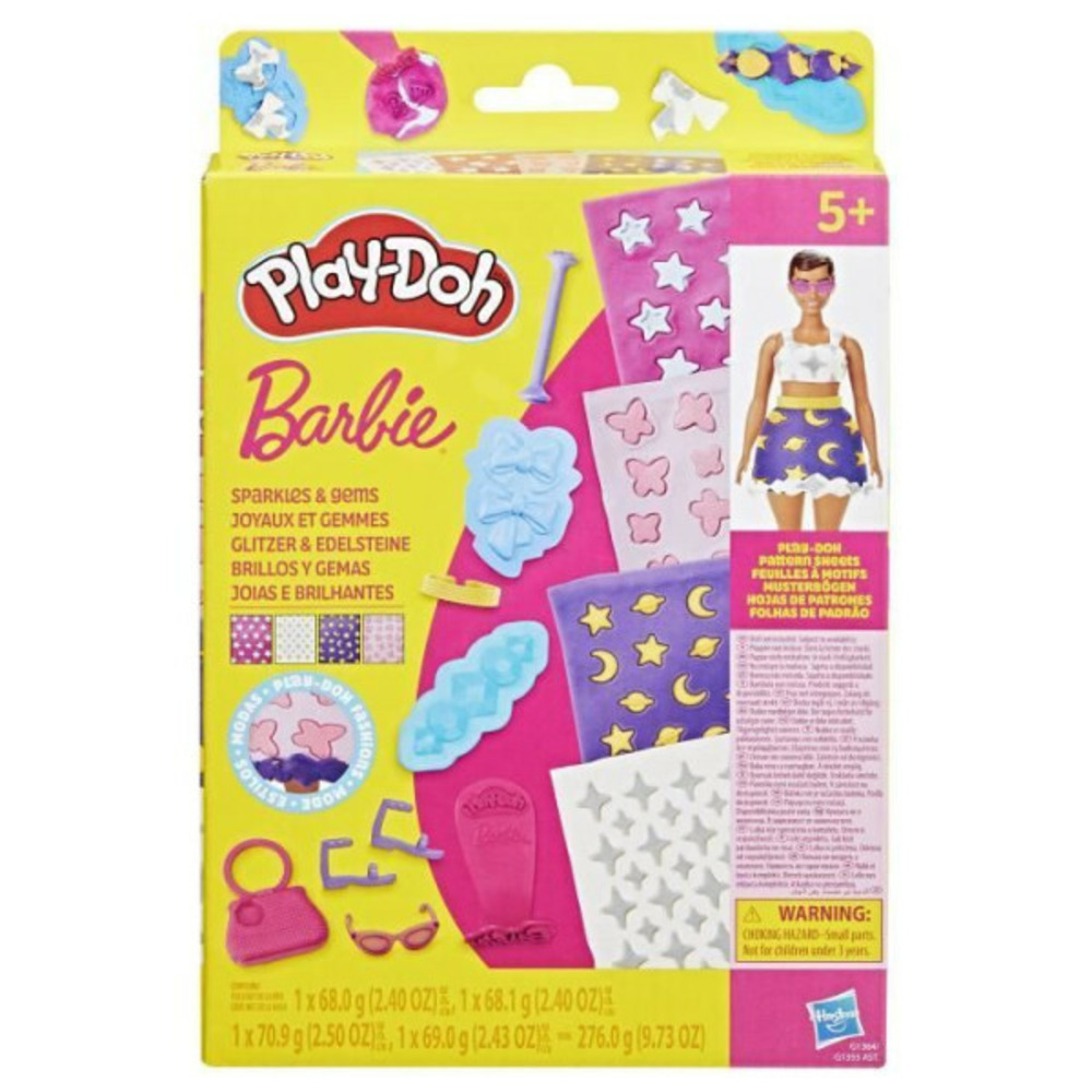 Play-doh barbie joyaux et gemmes, recharges pour coffret de pâte a modeler