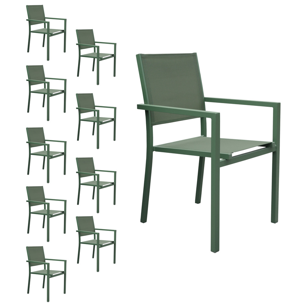 Lot de 10 chaises en aluminium vert sauge - textilène vert sauge