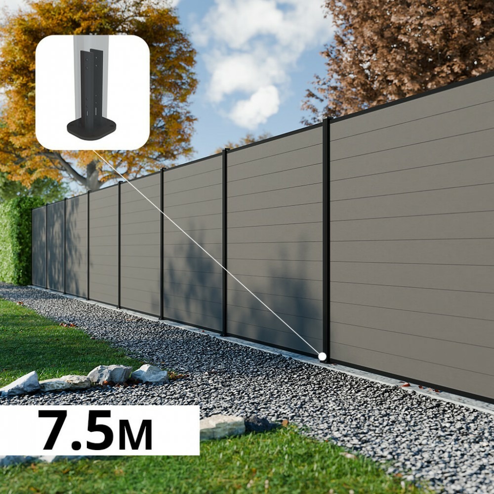 Kit clôture composite rio platines 7,5x1,8m - bois composite & aluminium - poteaux noir sur platines- brise vue - palissade