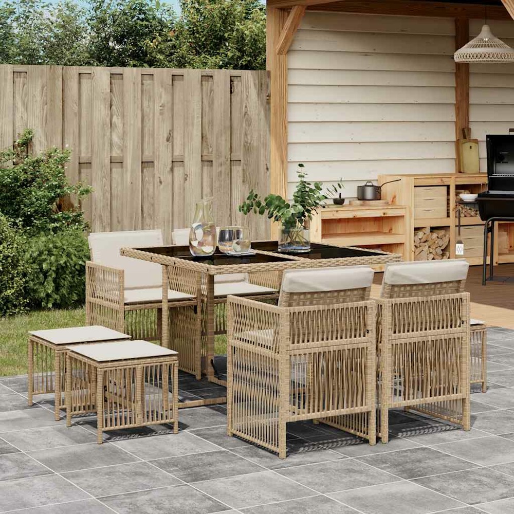 Ensemble à manger de jardin et coussins 9 pcs beige poly rotin