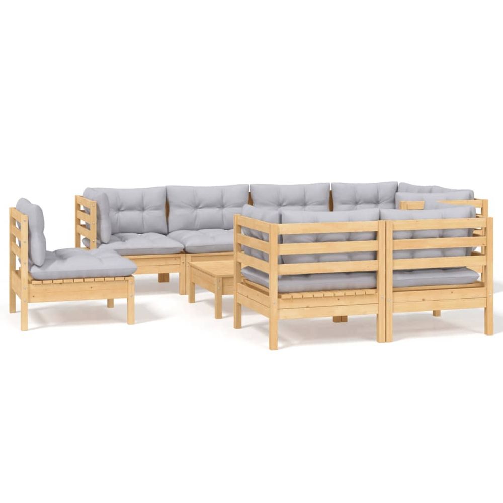 Salon de jardin 9 pcs avec coussins gris bois de pin massif