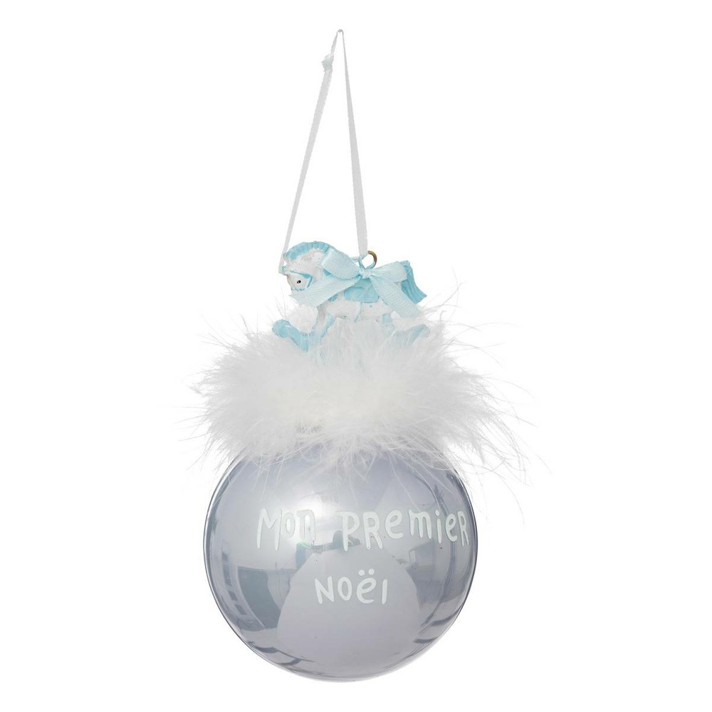 Boule de noël mon premier père noël + cheval 90mm bleu en verre