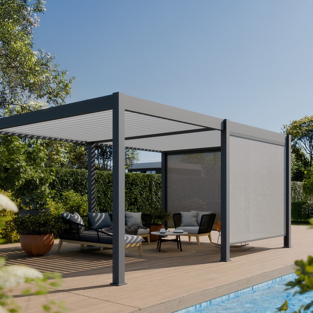 Pergola bioclimatique aluminium autoportée 19m² - 3,6x5,3 - deux stores inclus - anthracite - 34 lames en aluminium a 120 degrés