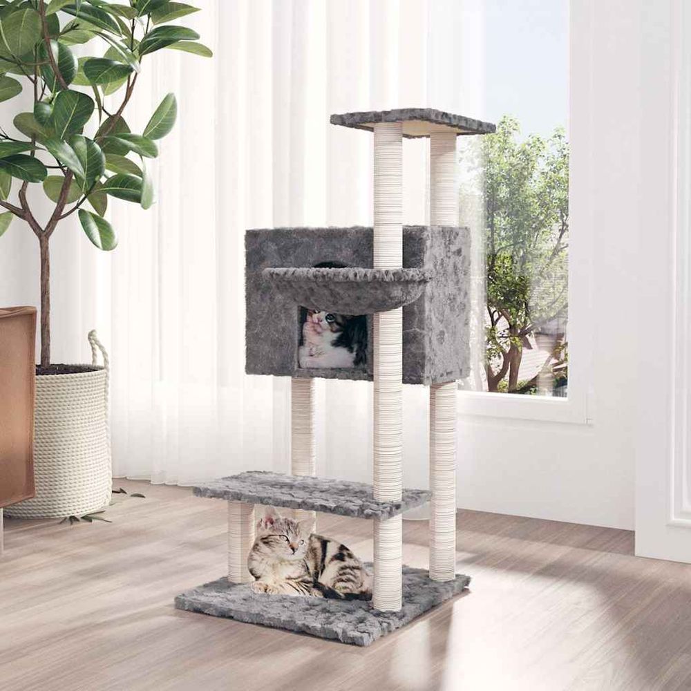 Arbre à chat de taille moyenne 108,5 cm avec panier, niche et griffoirs en sisal, peluche gris clair