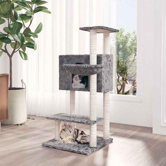 Arbre à chat de taille moyenne 108,5 cm avec panier, niche et griffoirs en sisal, peluche gris clair
