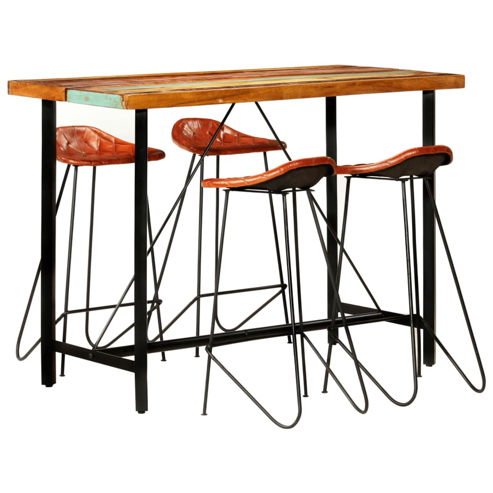 Ensemble de bar 5 pcs bois de récupération et cuir véritable