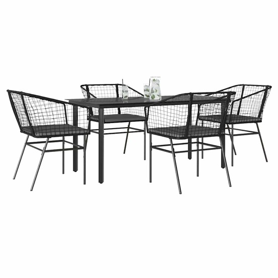 Ensemble à manger de jardin et coussins 5 pcs noir rotin verre