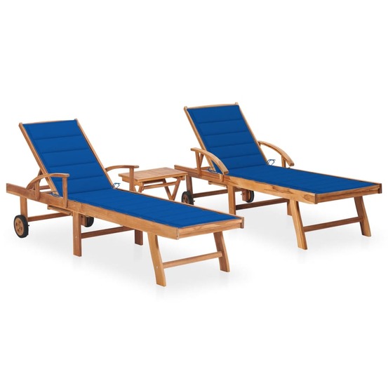 Lot de 2 transats chaise longue bain de soleil lit de jardin terrasse meuble d'extérieur avec table et coussin bois de teck s