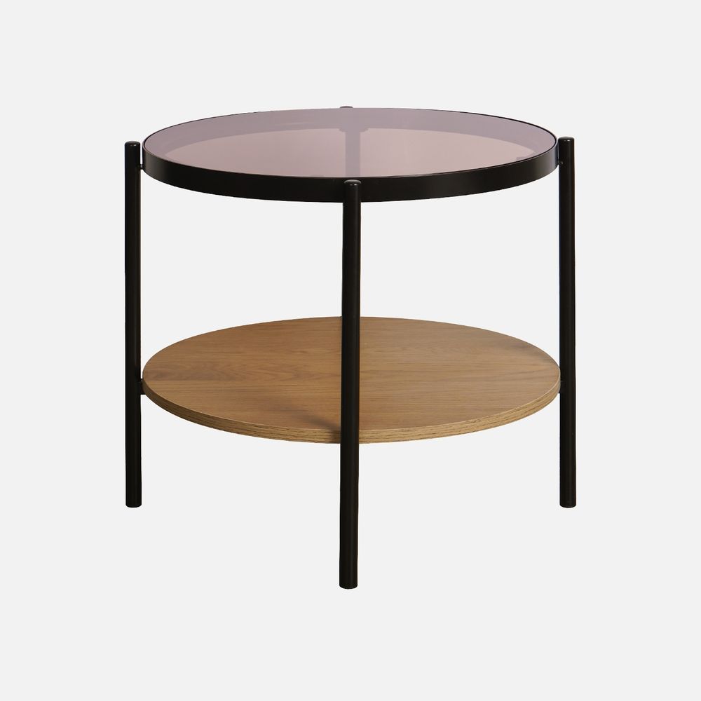 Table basse / d'appoint ronde 52 x 52 cm décor bois et métal noir, 2 plateaux dont un en verre trempé
