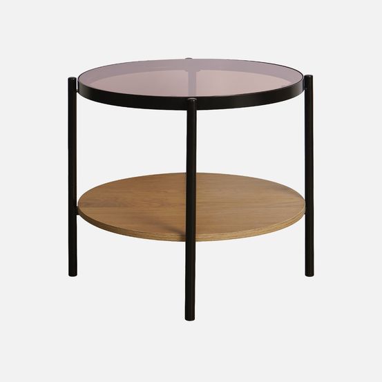 Table basse / d'appoint ronde 52 x 52 cm décor bois et métal noir, 2 plateaux dont un en verre trempé