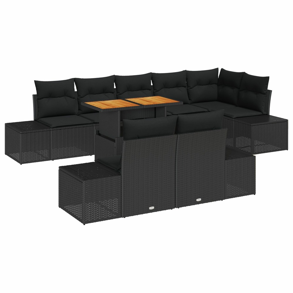 Set de canapé de jardin 9 pièces avec coussins rattan poly noir