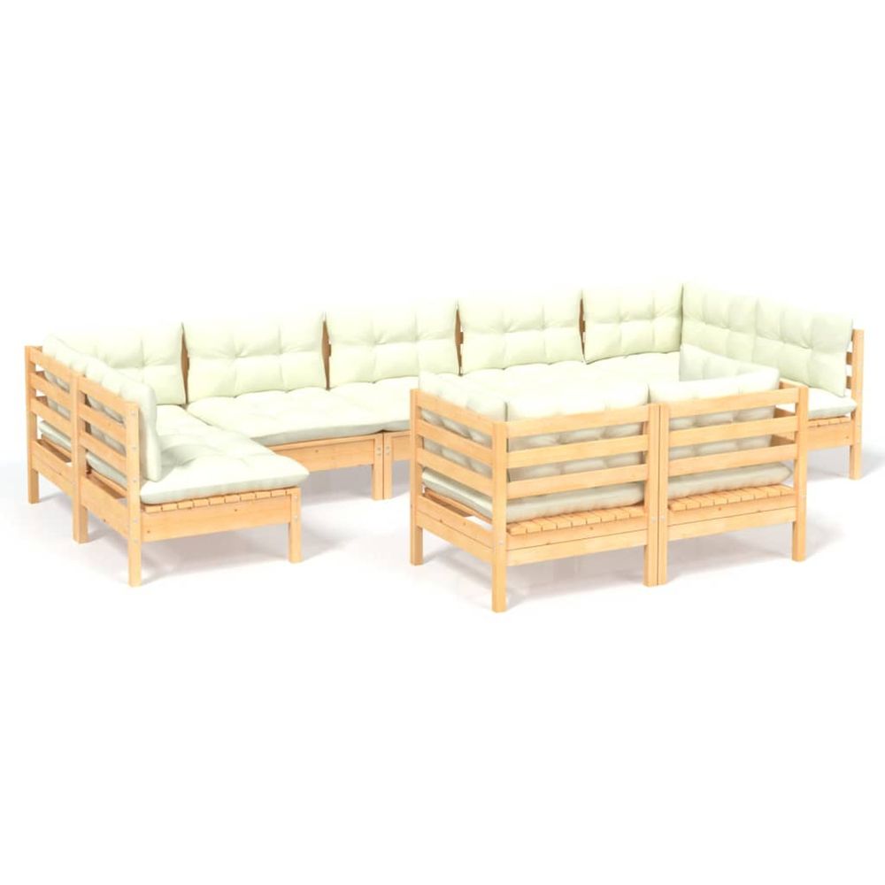 Salon de jardin 9 pcs avec coussins crème bois de pin massif