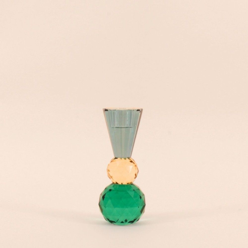 Bougeoir bleuté or vert en cristal à facettes 14cm