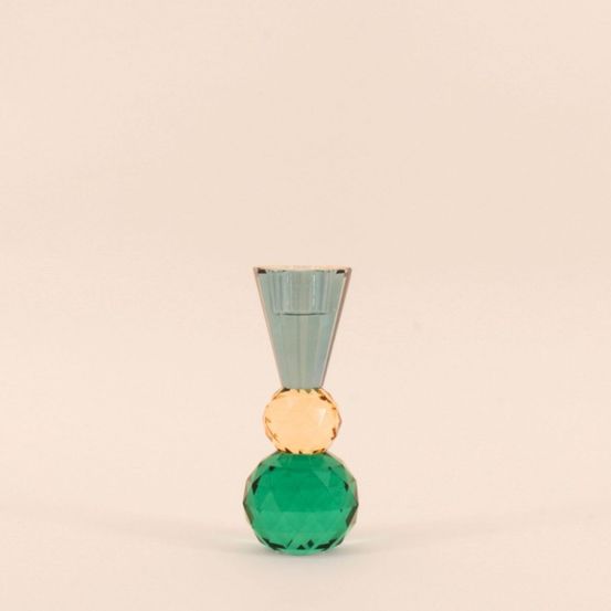 Bougeoir bleuté or vert en cristal à facettes 14cm