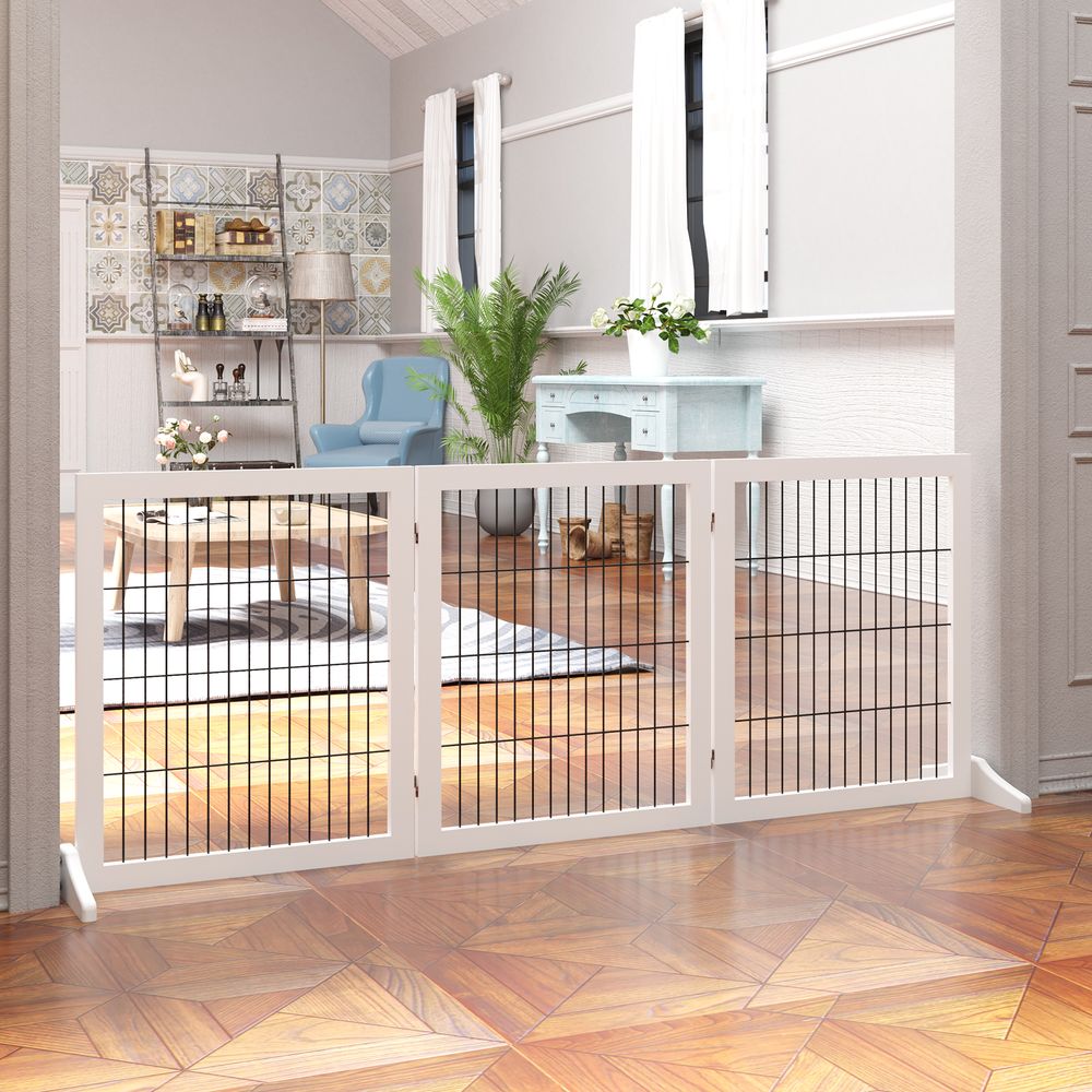 Barrière sécurité chien bois pin métal escalier porte pliable 3 panneaux 185cm blanc - comfortxl pet living
