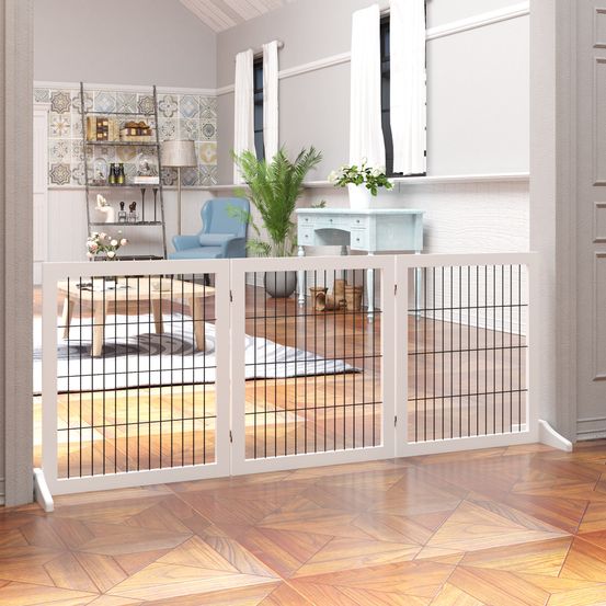 Barrière sécurité chien bois pin métal escalier porte pliable 3 panneaux 185cm blanc - comfortxl pet living