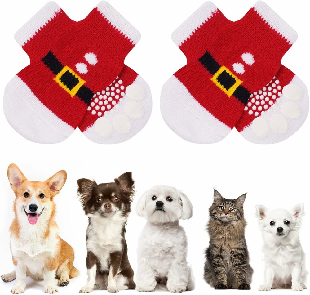 Chaussettes anti-dérapantes chien chat motif noel blanc rouge l