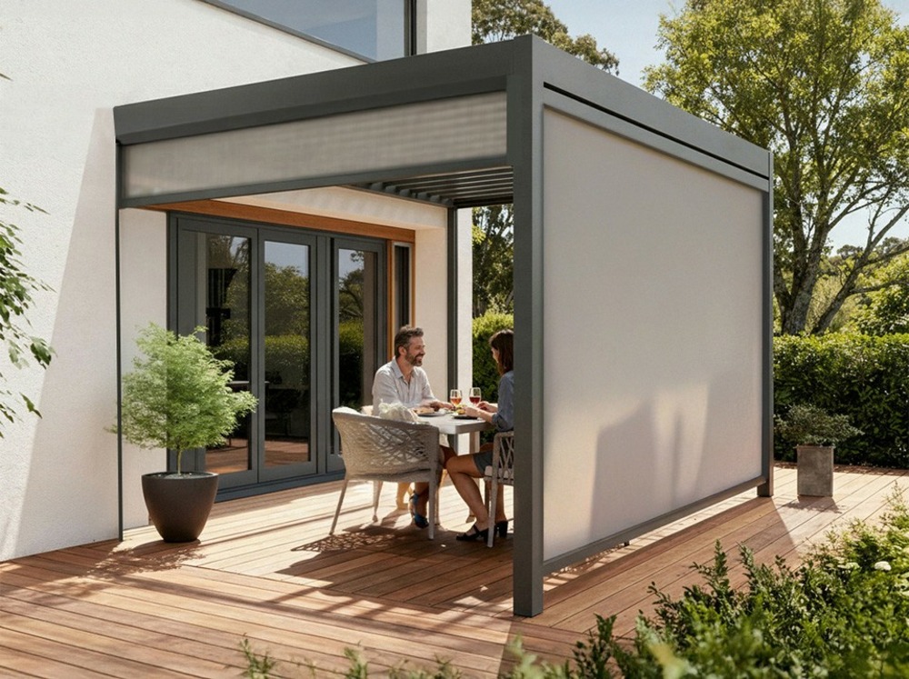 Pergola bioclimatique aluminium adossée 12m² - 3x4m - deux stores - anthracite - 29 lames en acier inclinable à 90 degrés - zenith