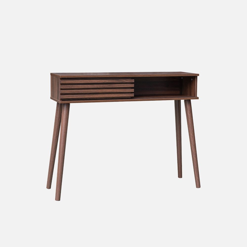 Console scandinave décor bois avec 1 porte coulissante rainurée 2 niches de rangement