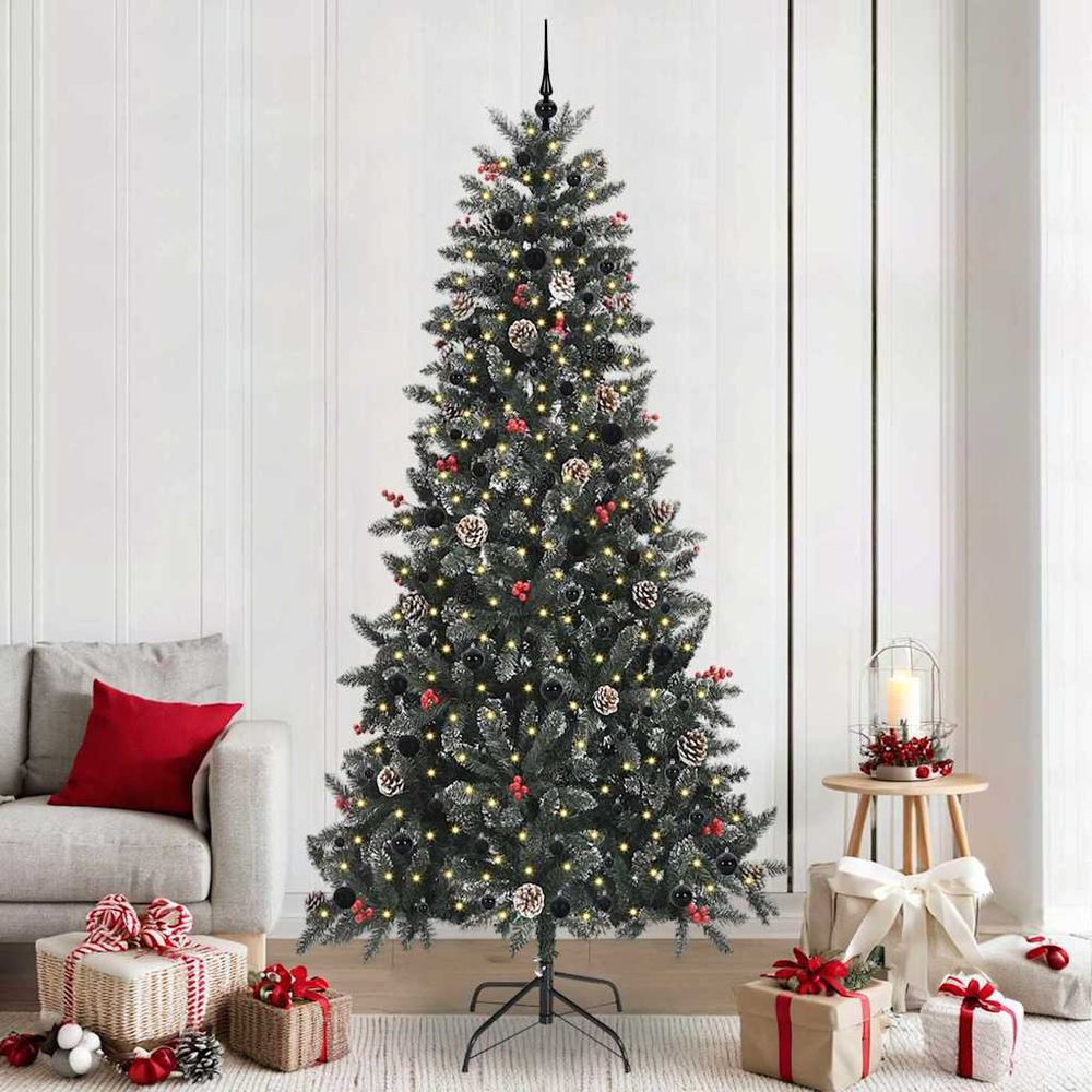 Sapin de noël artificiel enneigé 240 cm, lumineux 300 led et kit déco complet inclus