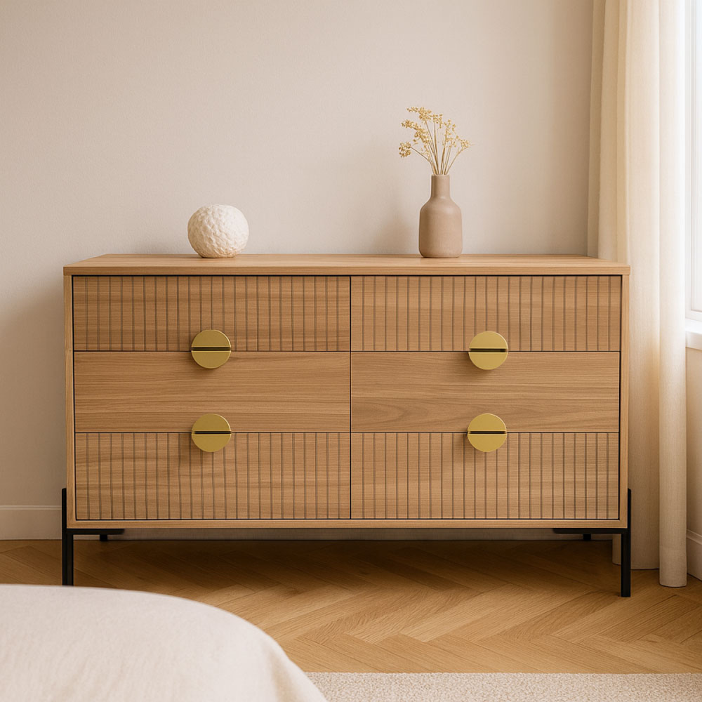 Commode 6 tiroirs décor bois rainuré 124cm vallo