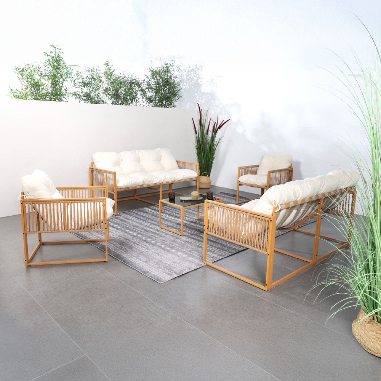 Salon de jardin 8 places effet rotin coussins blancs turini
