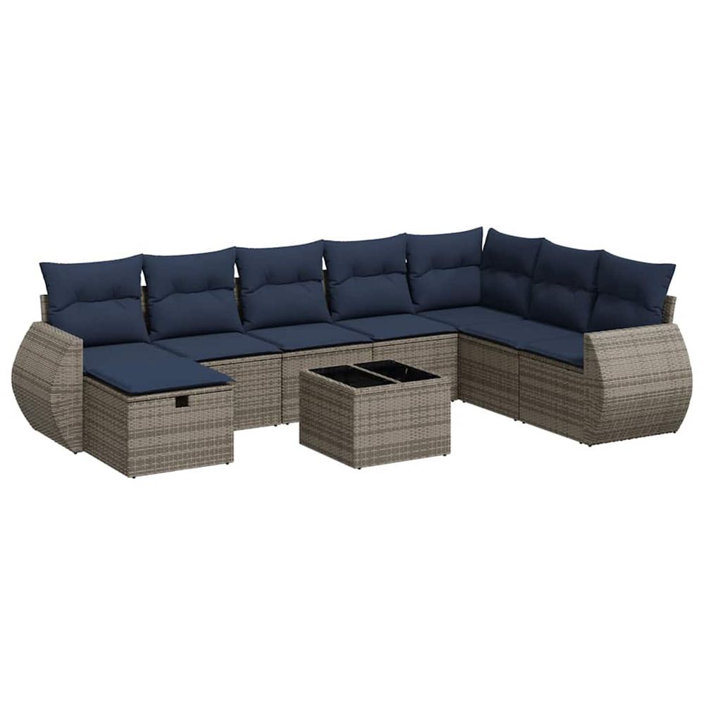 Salon de jardin 9 pcs avec coussins gris résine tressée