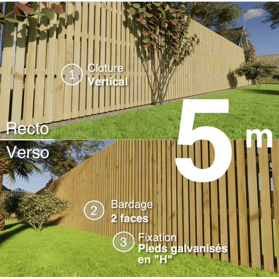 Kit clôture bois moderne 5m – h 2,3m – 20 x 60 mm autoclave vert – pose vertical – double face – support galva