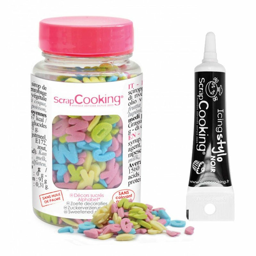 Décors sucrés en pot alphabet 55 g + stylo de glaçage noir