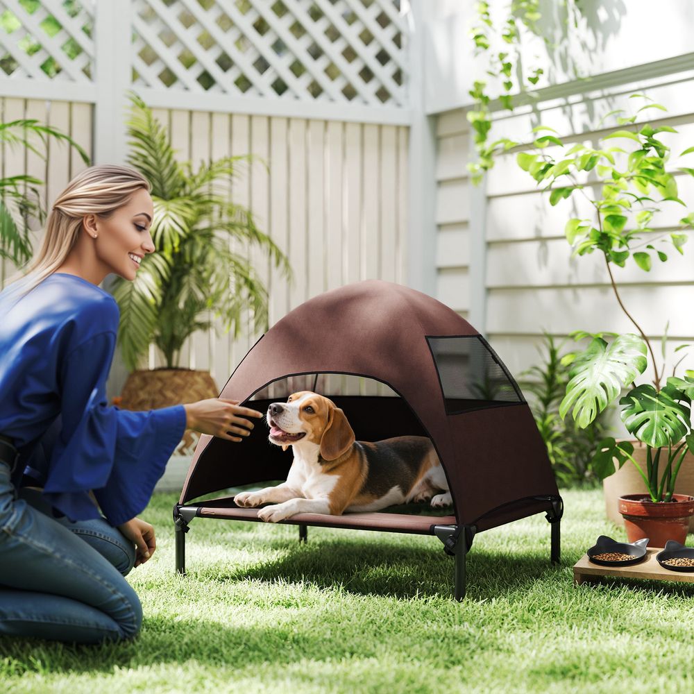 Lit surélevé pour petit et moyen chien avec auvent polyester acier 76 x 61 x 71 cm marron extérieur respirant