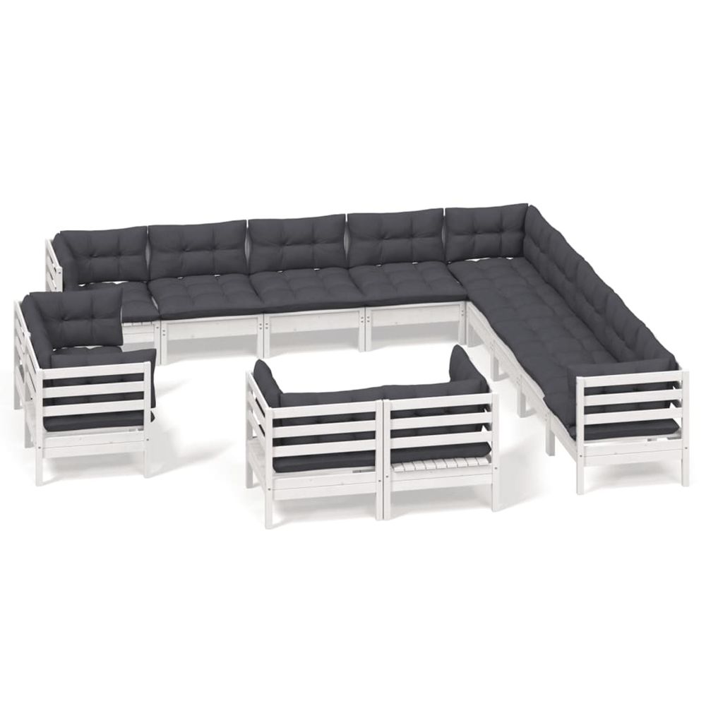 Salon de jardin 13 pcs avec coussins blanc bois de pin solide