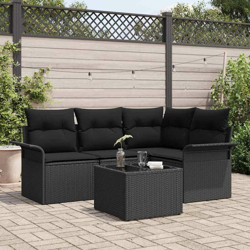 Ensemble de canapé de jardin avec coussin 5 pcs noir polyrotin