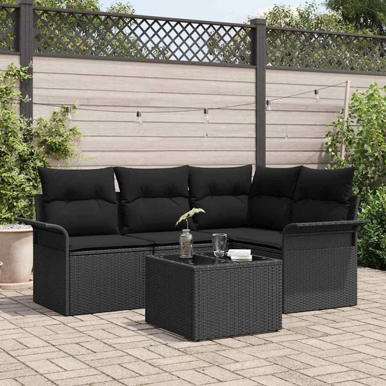 Ensemble de canapé de jardin avec coussin 5 pcs noir polyrotin