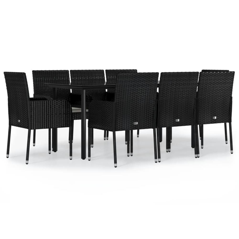 Ensemble à manger jardin 9pcs et coussins noir résine tressée