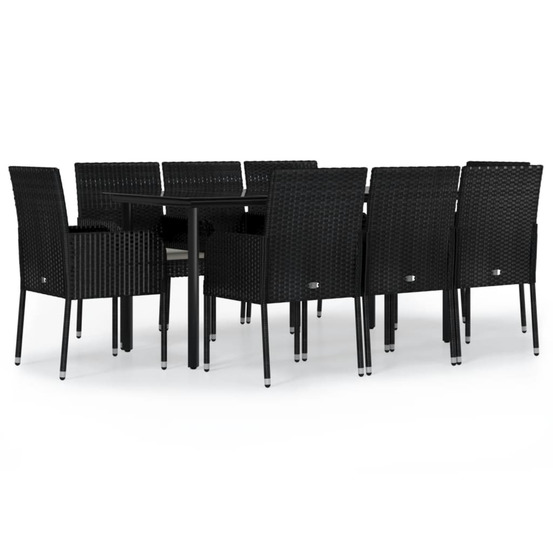 Ensemble à manger jardin 9pcs et coussins noir résine tressée