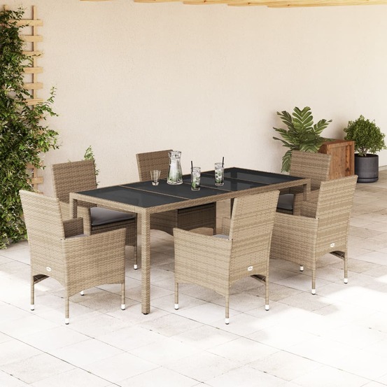 Ensemble à manger de jardin et coussins 7 pcs beige rotin verre