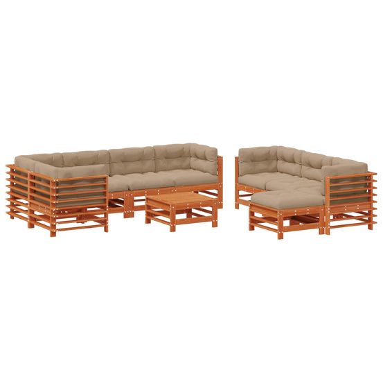 Ensemble de salon de jardin 10 pc brun cire bois de pin massif