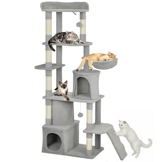 Arbre à chat géant 170 cm panneau de bois multi-niveaux avec niches hamac et tunnel gris clair