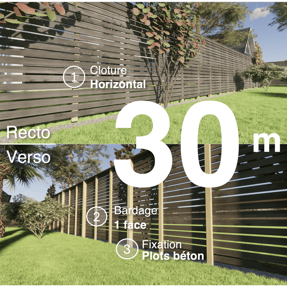 Kit clôture bois moderne 30m – h 1,9m – 20 x 70 mm noir par trempage – pose horizontal – simple face – à sceller