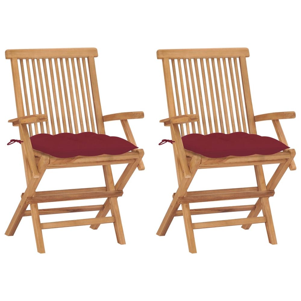 Chaises pliantes avec coussins rouge vin, 2 pièces, en teck massif