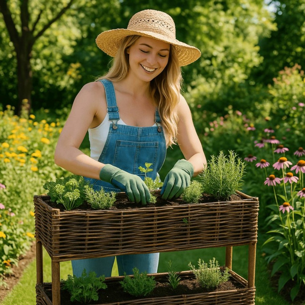Jardinière haute en bois de noisetier tressé - 150 x 30 x 75 cm